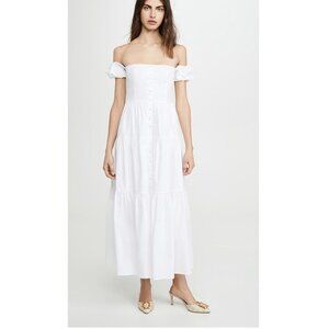 NWT STAUD Elio Cotton Poplin Off Shoulder Midi Dress White Size 8